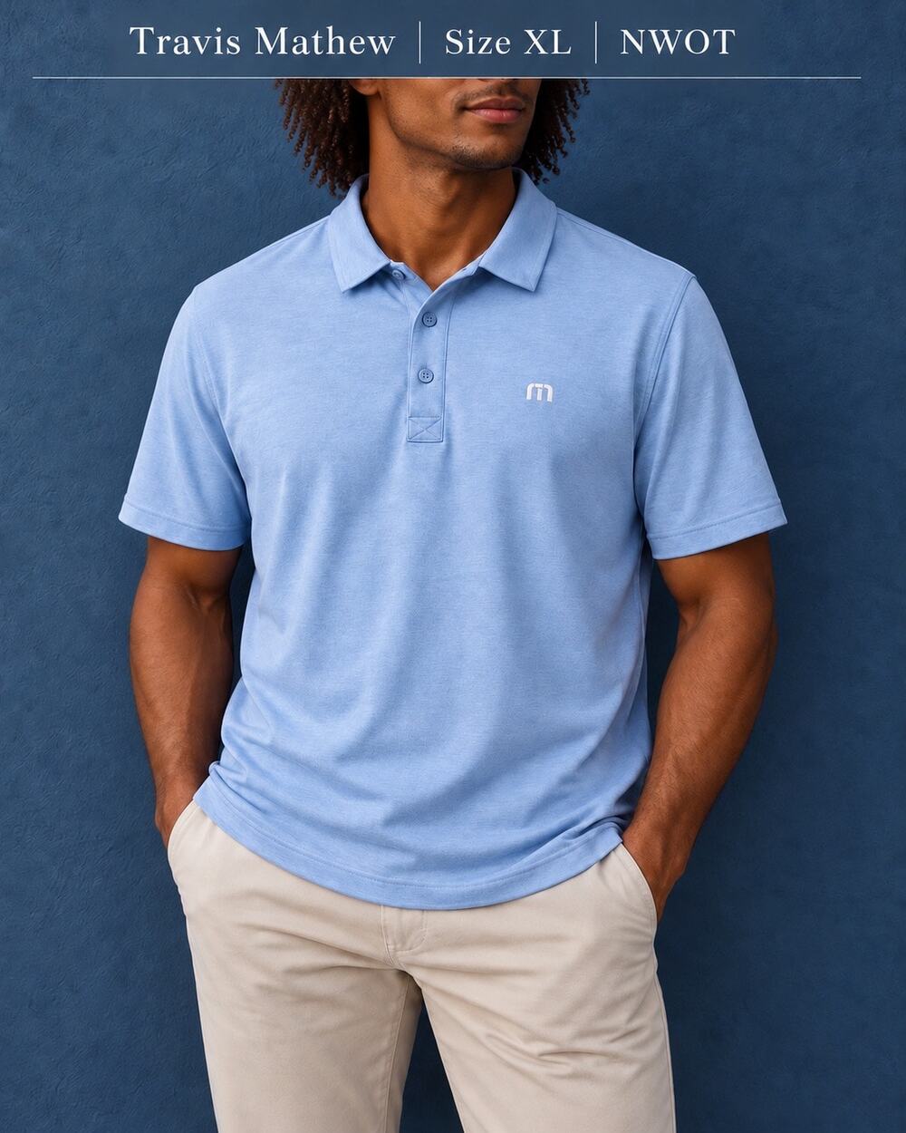 Travis Mathew Men’s XL Heather Blue Performance Golf Polo Shirt NWOT